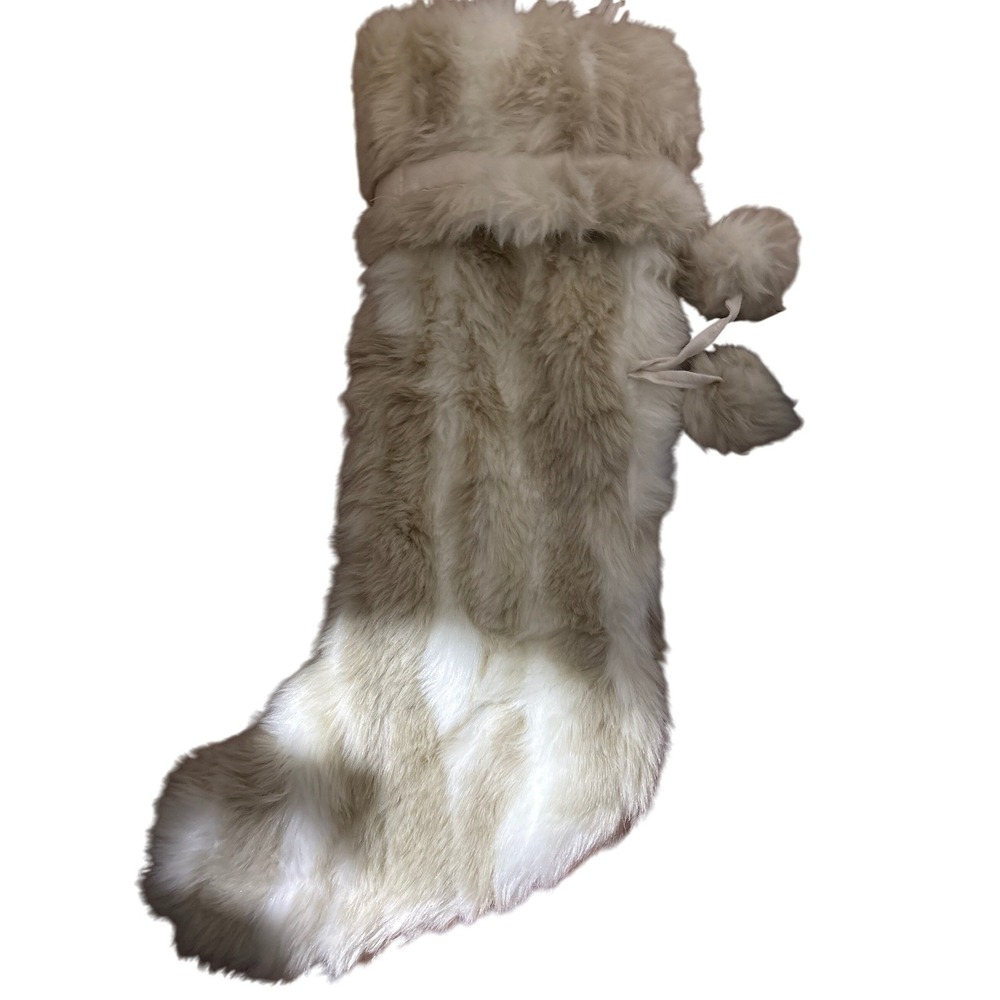 World Market Faux Fur Christmas Stocking Pom Pom Tan White Holiday Decor